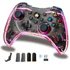 Front. turbX - Wireless Game Controller for Switch, PS4, iOS, Android, PC. Bluetooth joycon, finger sleeves, grip, LED, vibration - Transparent.