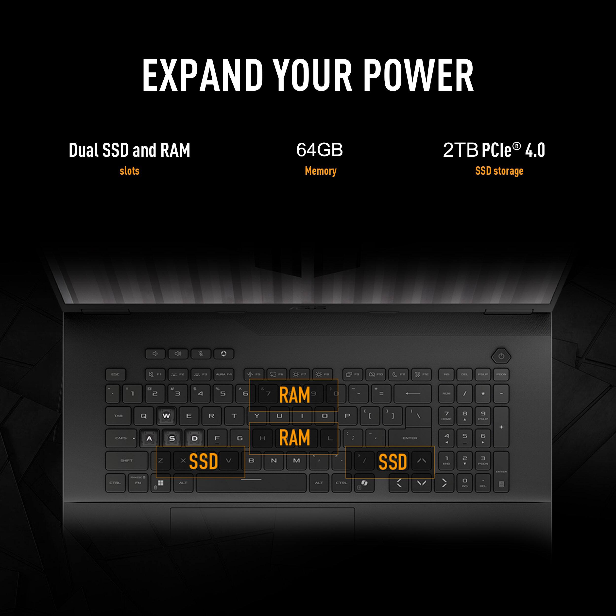 EXPAND YOUR POWER

Dual SSD and RAM slots

64GB Memory

2TB PCIe® 4.0 SSD storage