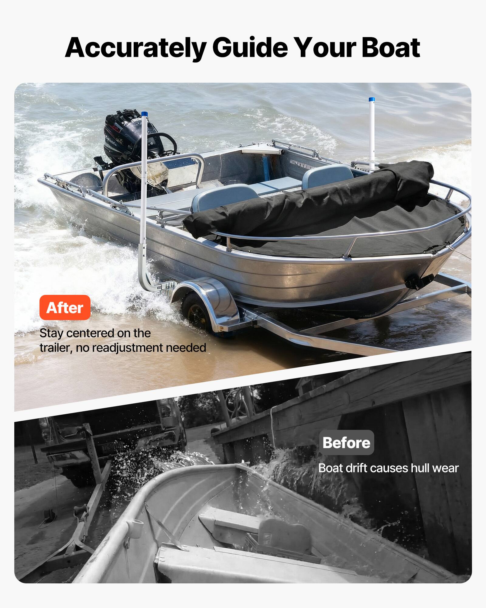 Accurately Guide Your Boat

After
Stay centered on the trailer, no readjustment needed

Before
Boat drift causes hull wear