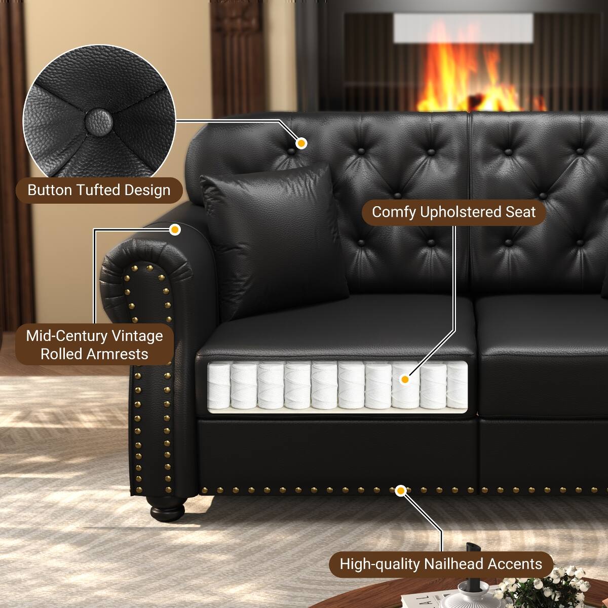 Button Tufted Design  
Comfy Upholstered Seat  
Mid-Century Vintage Rolled Armrests  
High-quality Nailhead Accents