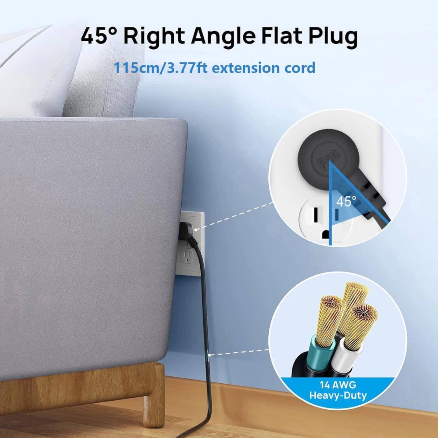 45° Right Angle Flat Plug  
115cm/3.77ft extension cord  
14 AWG Heavy-Duty