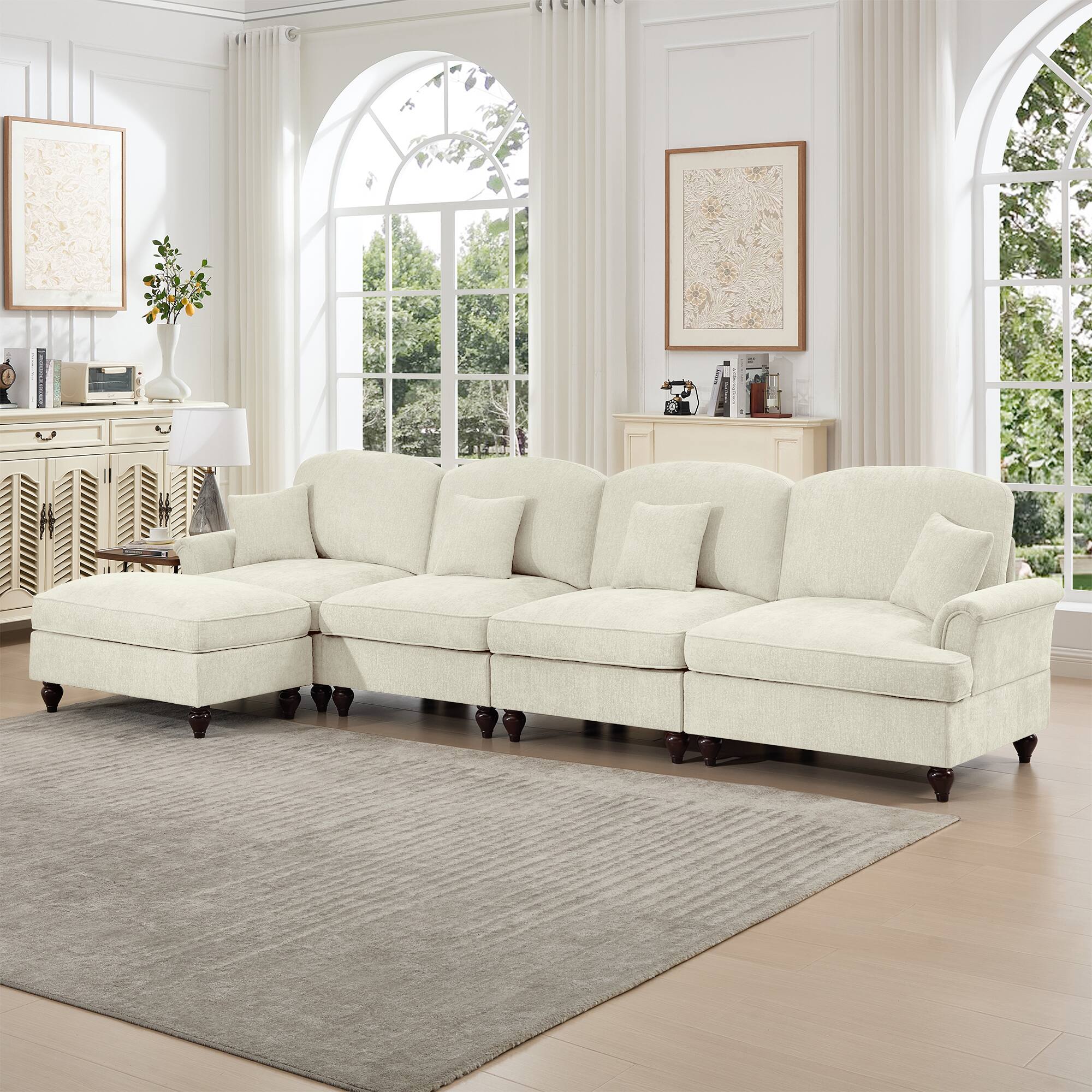 Angle. Anysun - Classic L-Shape Chenille 4-Seat Sectional with Ottoman - Flared Arms, Ruffled Skirt & Spindle Legs, Deep Seat - Beige.
