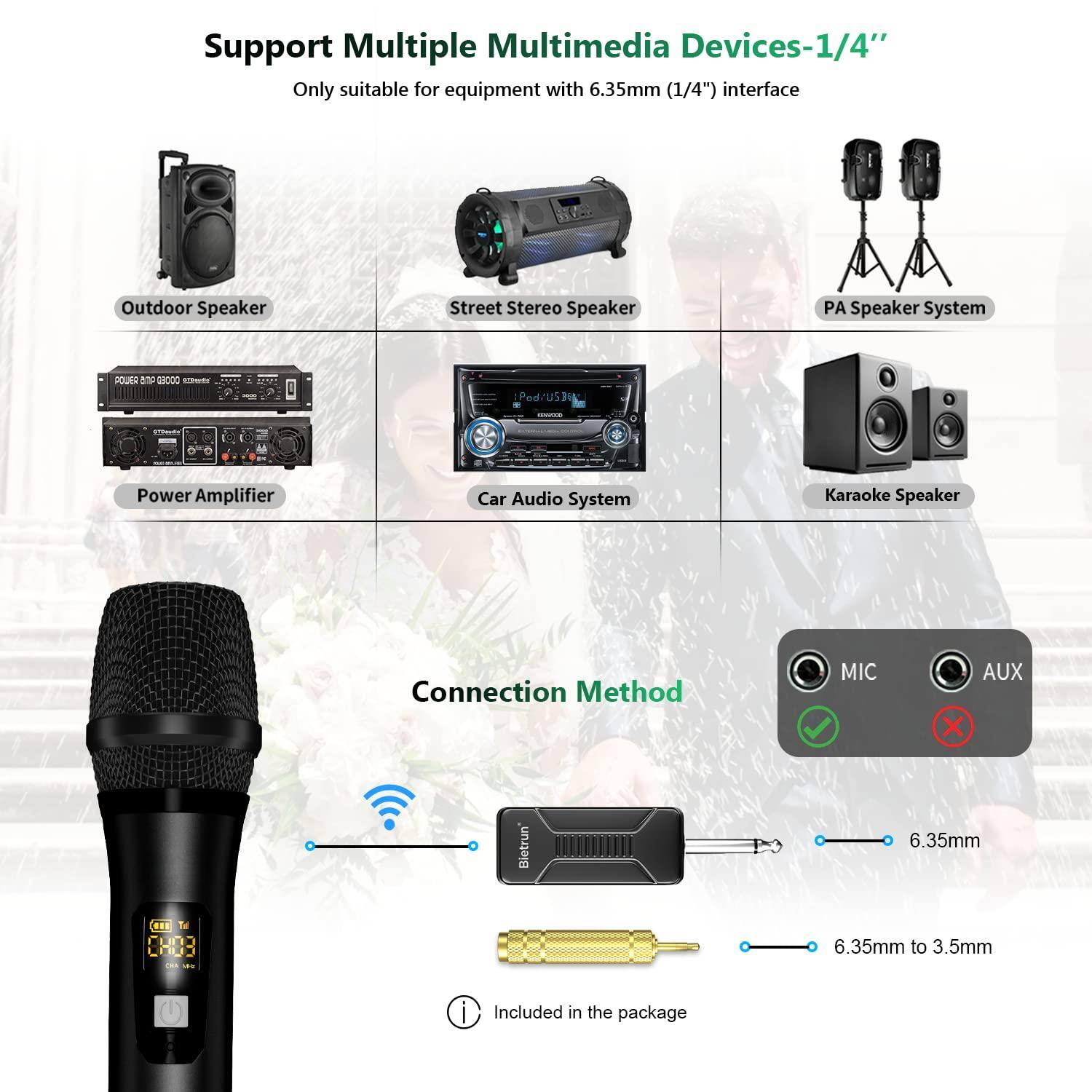 Support Multiple Multimedia Devices-1/4"  
Only suitable for equipment with 6.35mm (1/4") interface  

Outdoor Speaker  
Street Stereo Speaker  
PA Speaker System  
Power Amplifier  
Car Audio System  
Karaoke Speaker  

Connection Method  
MIC  
AUX  

6.35mm  
6.35mm to 3.5mm  

Included in the package