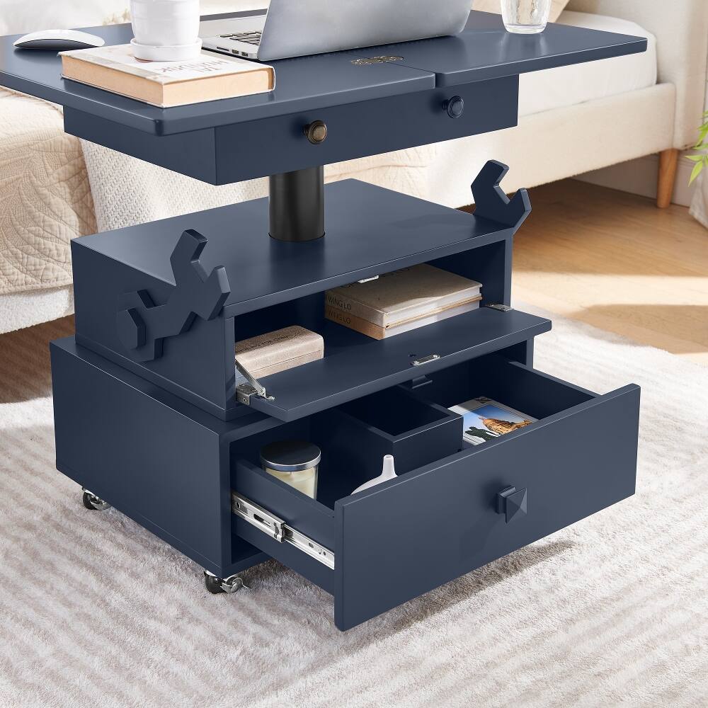 Alt View 1. Loheer - Adjustable Height End Table with Charging Station, Rolling Side Table with Lift Top, Storage Drawers, White High-Gloss - White.