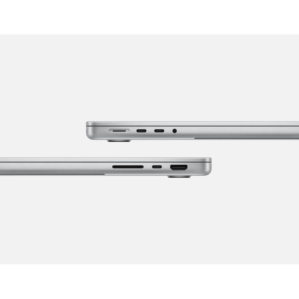 Left. Apple - MacBook Pro 14" (Late 2023) M3 Pro CPU @ 4.05GHz 11 Core CPU 14 Core GPU A2992 18GB RAM 1TB SSD - Silver.