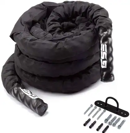 Front. GSE Games & Sports Expert - 1.5" Diameter Battle Rope, Workout Battle Ropes with Sleeve Cover for Home Gym & Outdoor (40FT) - Black.