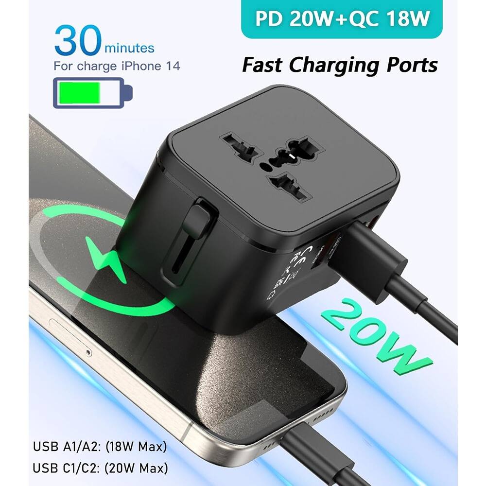 30 minutes  
For charge iPhone 14  

PD 20W+QC 18W  
Fast Charging Ports  

USB A1/A2: (18W Max)  
USB C1/C2: (20W Max)