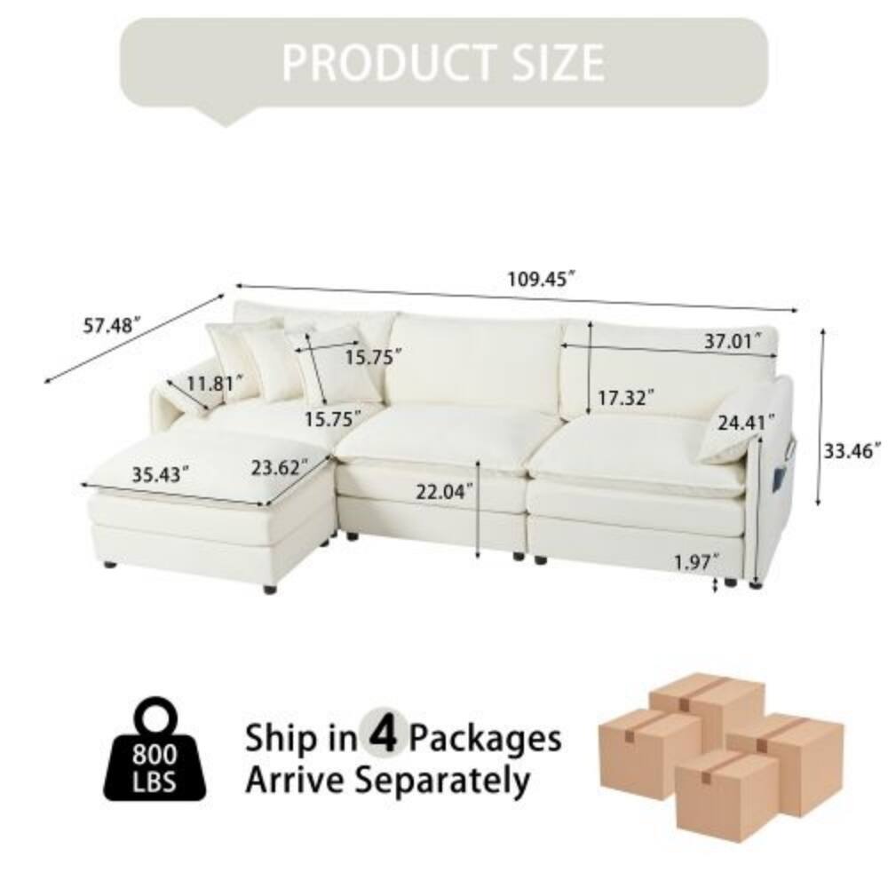 PRODUCT SIZE  
109.45" x 57.48" x 15.75"  
11.81" x 15.75" x 35.43"  
23.62" x 22.04" x 17.32"  
37.01" x 24.41" x 33.46"  
1.97"  
800 LBS  
Ship in 4 Packages  
Arrive Separately