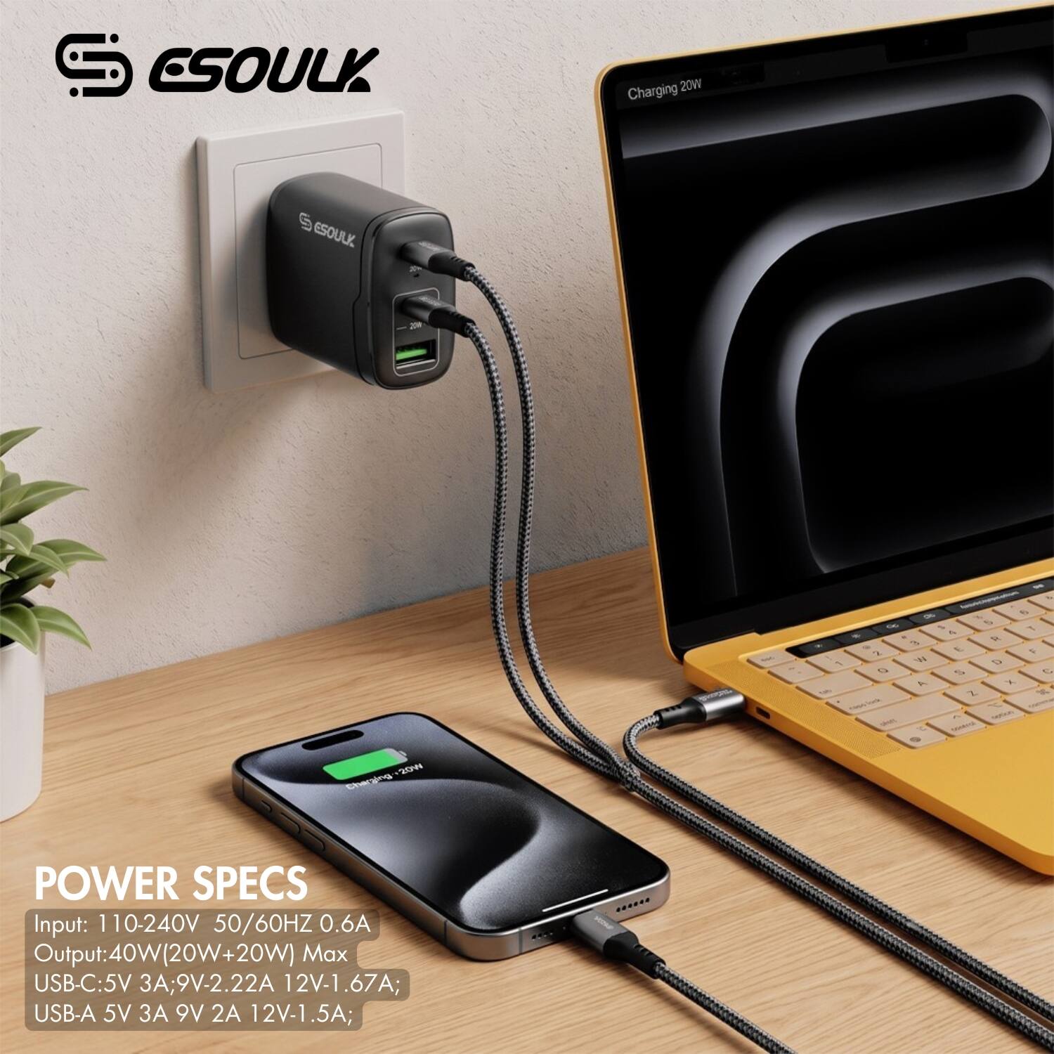 ESOULK Charging 20W

POWER SPECS
Input: 110-240V 50/60HZ 0.6A
Output: 40W (20W+20W) Max
USB-C: 5V 3A; 9V-2.22A 12V-1.67A
USB-A: 5V 3A 9V 2A 12V-1.5A