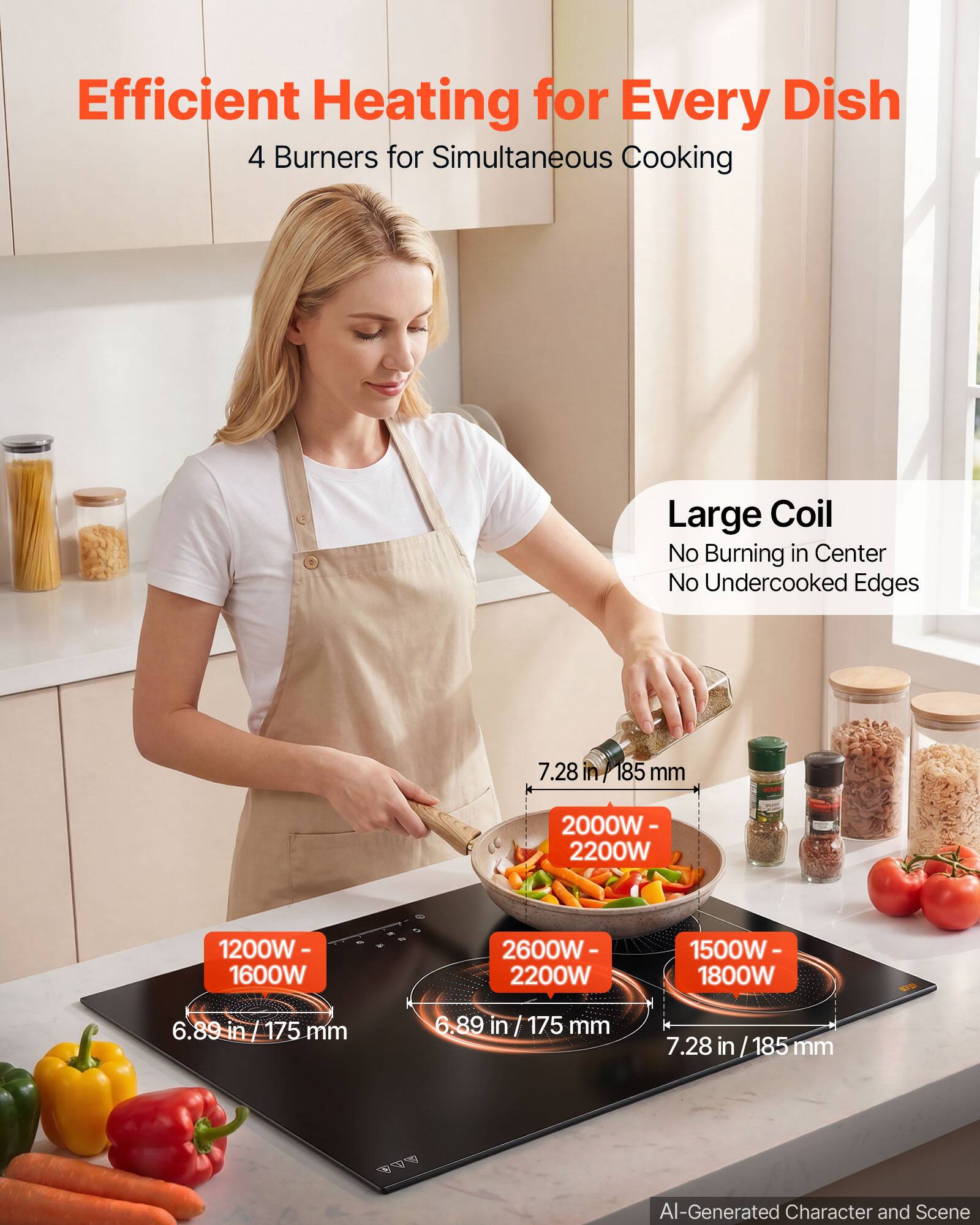 Efficient Heating for Every Dish  
4 Burners for Simultaneous Cooking  

Large Coil  
No Burning in Center  
No Undercooked Edges  

7.28 in / 185 mm  
185 mm  

2000W - 2200W  
2600W - 2200W  
1500W - 1800W  

1200W - 1600W  

6.89 in / 175 mm  
6.89 in / 175 mm  
7.28 in / 185 mm  

www  

AI-Generated Character and Scene
