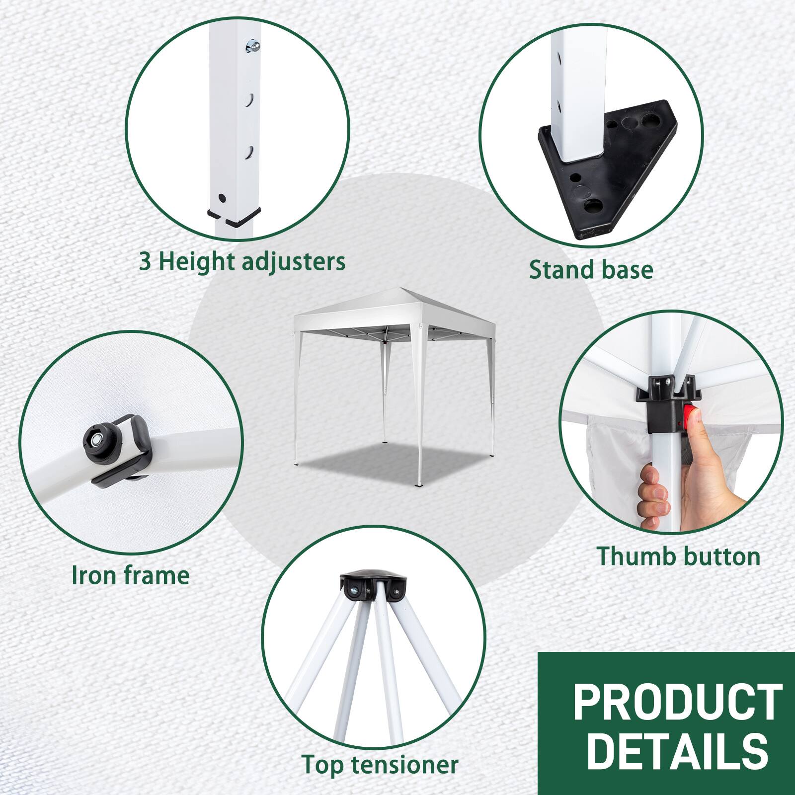 3 Height adjusters  
Stand base  
Iron frame  
Thumb button  
Top tensioner  

PRODUCT DETAILS