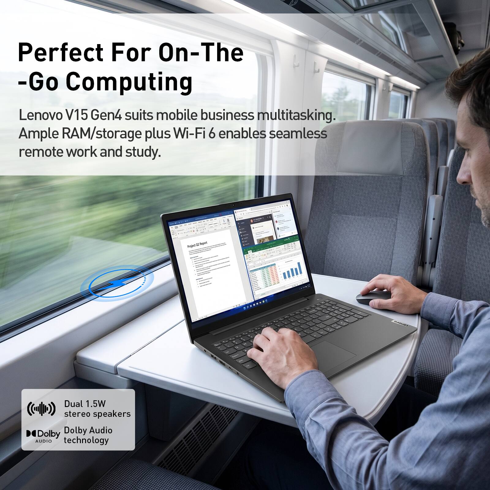 Perfect For On-The-Go Computing

Lenovo V15 Gen4 suits mobile business multitasking. Ample RAM/storage plus Wi-Fi 6 enables seamless remote work and study.

Dual 1.5W stereo speakers Dolby Audio technology