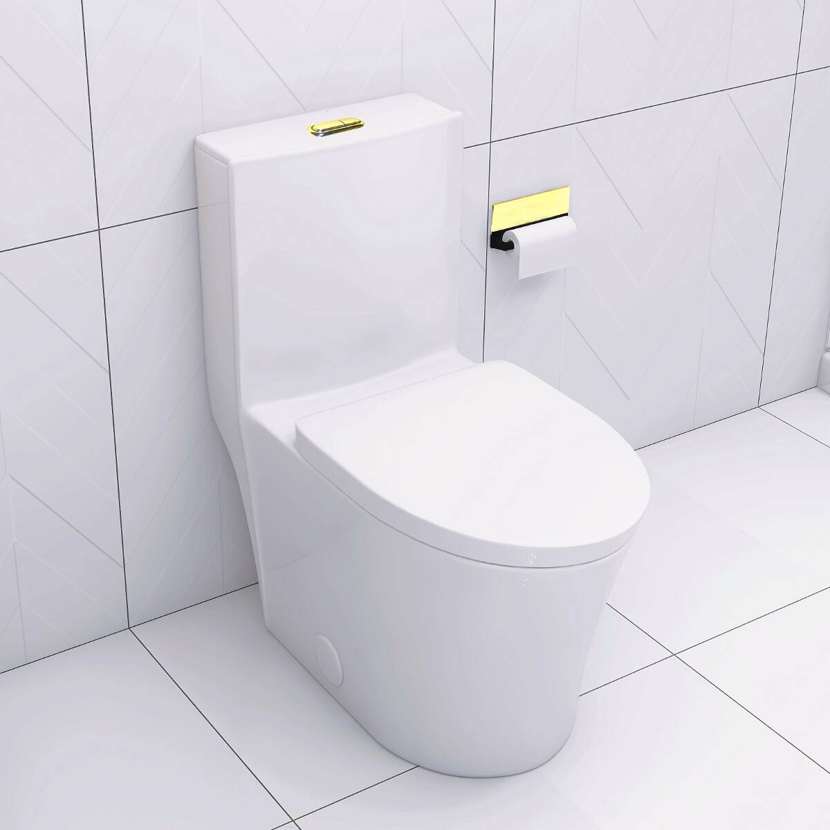 Front. Loheer - Loheer Elongated One Piece Toilet White Porcelain Modern Skirted Dual Flush Bathroom - White.