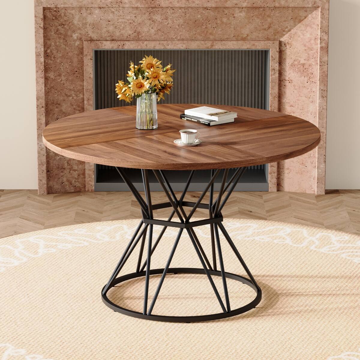 Front. Loheer - Loheer 47.3 inch Round Dining Table Walnut MDF Top Black Metal Base for Four to Six People - Black and walnut.