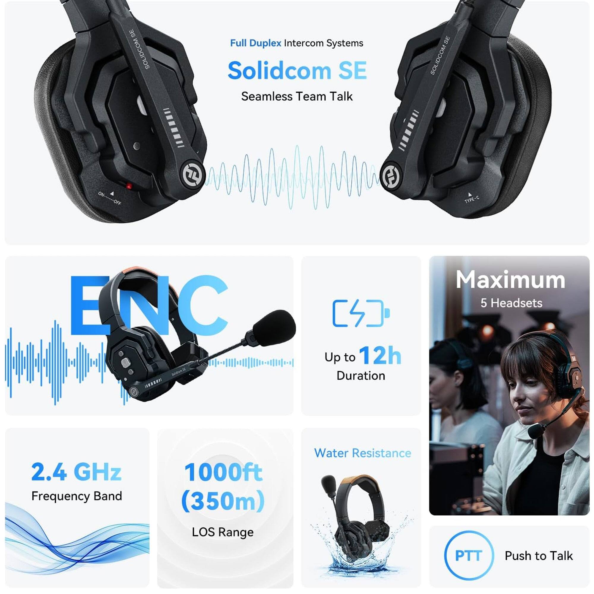 Sure, here is the corrected and grouped text from the image:

---

**Solidcom SE**  
Full Duplex Intercom Systems  
Seamless Team Talk

**ENC**  
Maximum 5 Headsets  
Up to 12h Duration  
2.4 GHz Frequency Band  
1000ft (350m) LOS Range  
Water Resistance  
PTT Push to Talk

---

This text is organized to reflect the features and specifications of the Solidcom SE intercom system.