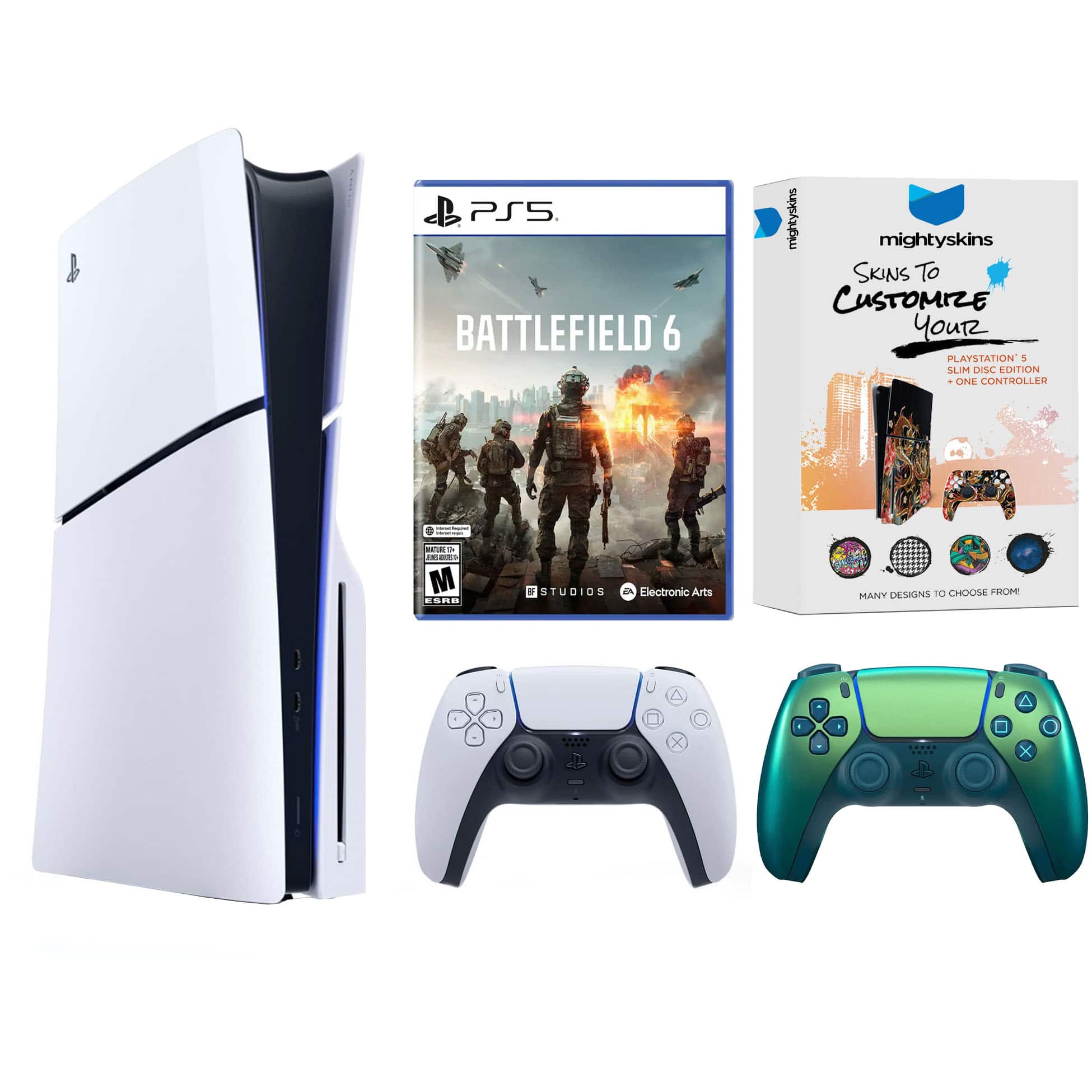 PlayStation 5 Slim Disc Bundle with Battlefield 6, MightySkins Code and Extra Controller - PlayStation 5