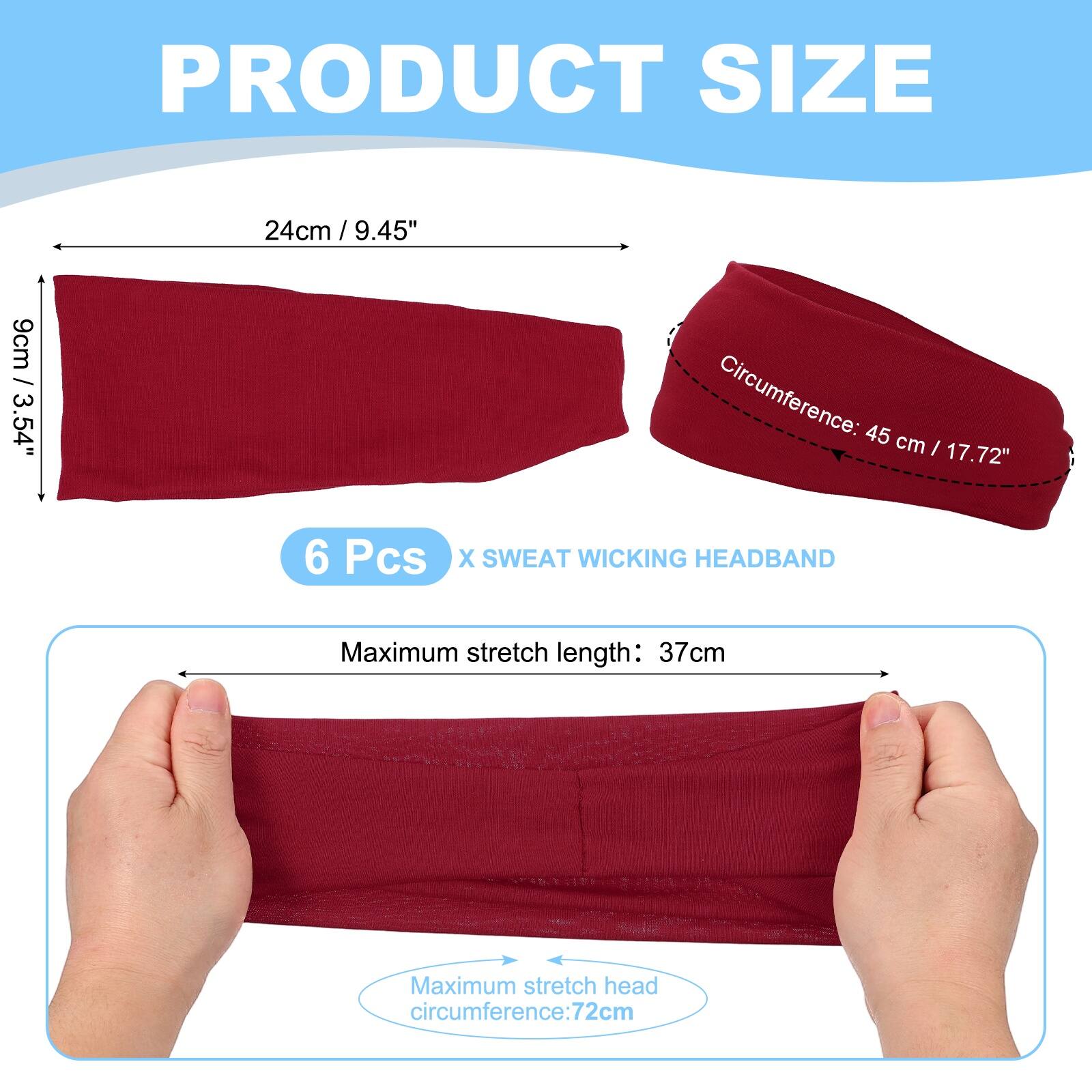 PRODUCT SIZE

24cm / 9.45"  
9cm / 3.54"  
Circumference: 45 cm / 17.72"  

6 Pcs X SWEAT WICKING HEADBAND  

Maximum stretch length: 37cm  
Maximum stretch head circumference: 72cm