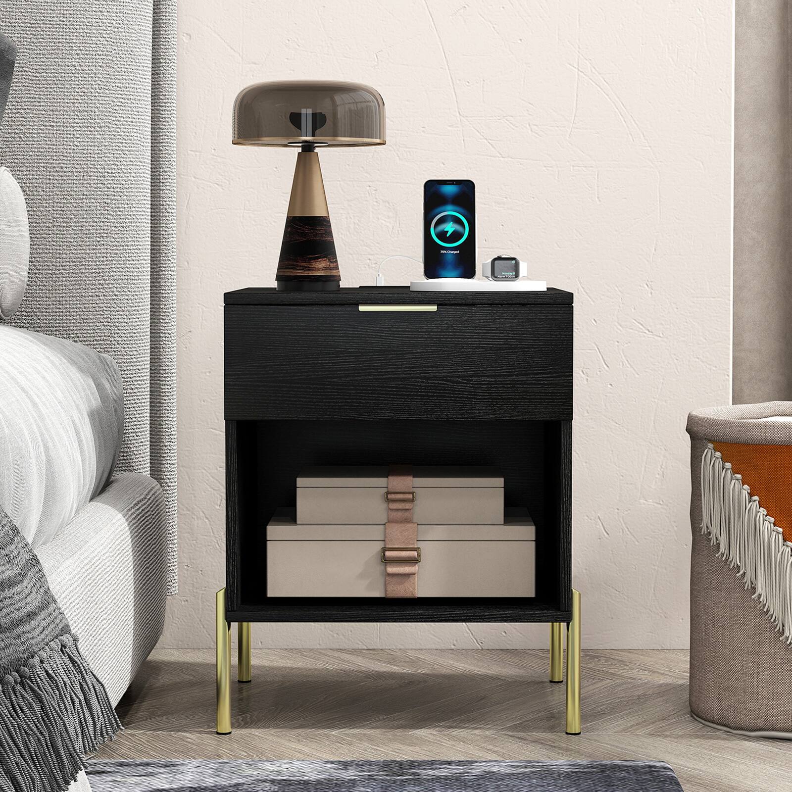 Alt View 1. Costway - Costway 2 PCS Mid Century Modern Nightstand with Charging Station, Drawer & Open Compartment - Black.