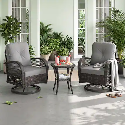 Front. Costway - Costway 3PCS Patio Swivel Rocker Set Gliding Bistro Furniture Set with Tempered Glass Table - Mix Gray + Gray.