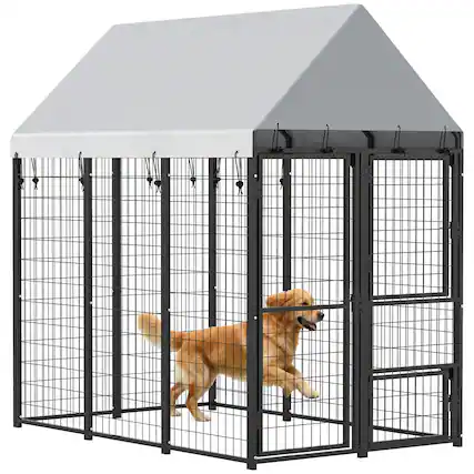 Front. Pawhut - Dog Kennel Outdoor with Roof, 3 Doors, Expandable Heavy Duty Dog Kennel Dog Run for All Breed Sizes - Black.