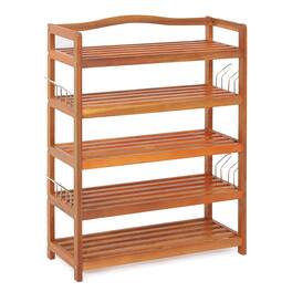 Costway - 5-Tier Wood Shoe Rack Solid Acacia Wood Shoe Shelf with Side Metal Hooks - Reddish Brown