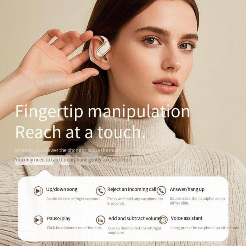 Fingertip manipulation  
Reach at a touch.  

Whether you answer the phone or pause the music, you only need to tap the earphone gently to complete it.  

- Up/down song: Double-click the left/right earphone.  
- Reject an incoming call: Press and hold any earphone for 2 seconds.  
- Answer/hang up: Double-click the headphones on either side.  
- Pause/play: Click headphones on either side.  
- Add and subtract volume: Quickly double-click the left/right earphone.  
- Voice assistant: Long press the earphone on either side.