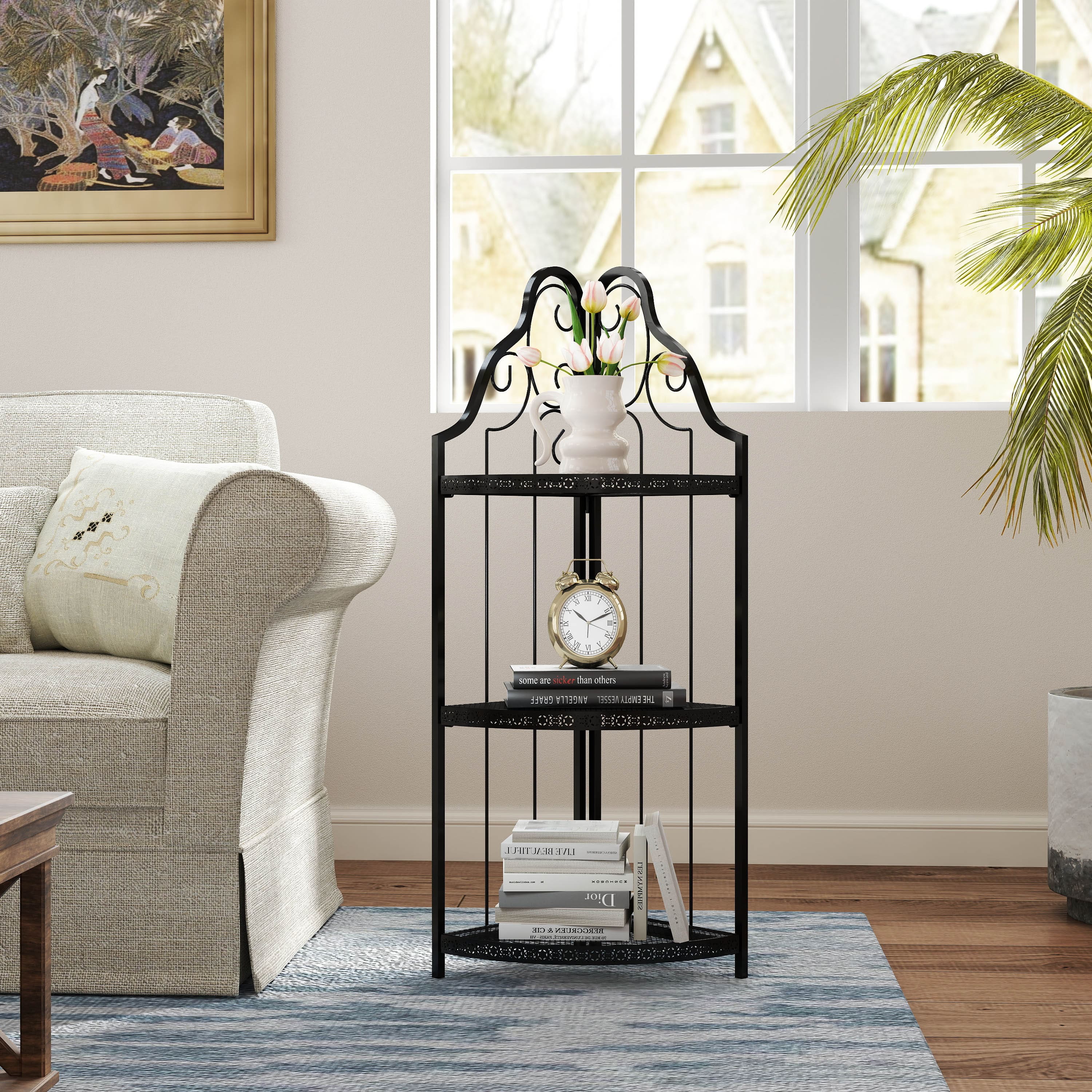 TinyHomie - 3-Tier Corner Open Shelf Bookcase Freestanding Shelving Unit Plant Stand Small Bookshelf for Living Room Small Space - Black