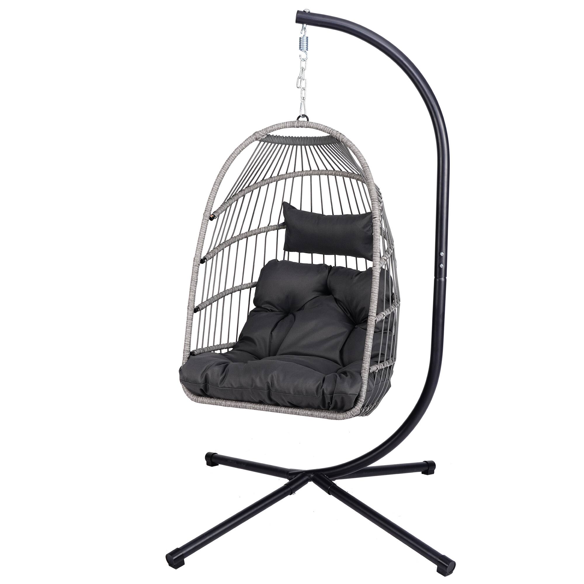 Front. Boyel Living - Light Gray Hanging Egg Chair with Stand Patio Wicker Swing with Black Cushion - Rose Red.