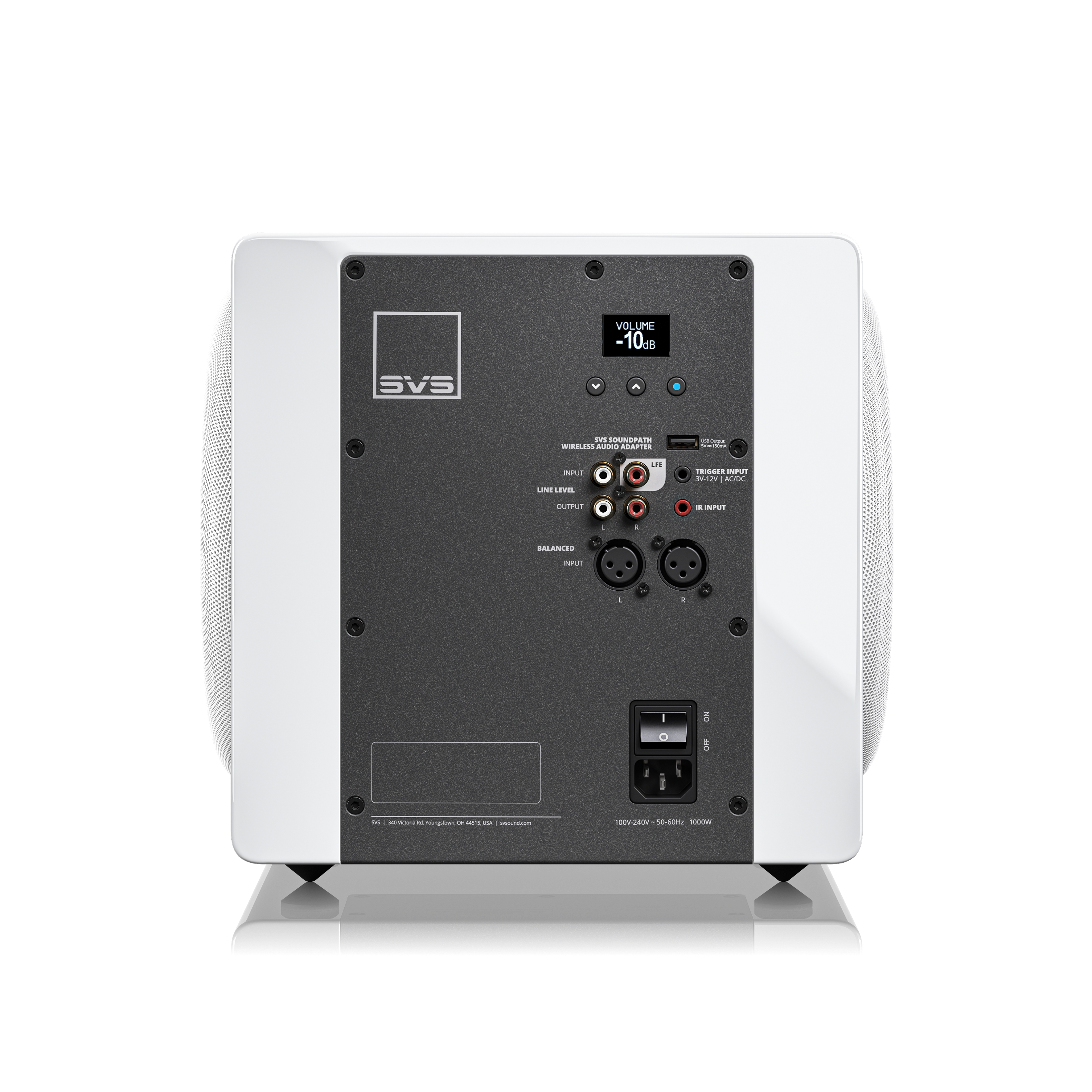 VOLUME -10dB

SVS SOUNDPATH
WIRELESS AUDIO ADAPTER
INPUT
LFE LEVEL
OUTPUT

BALANCED
INPUT

TRIGGER INPUT
3.5mm (1/8") AC/DC

IR INPUT

100V/240V - 50/60Hz - 1000W

SVS