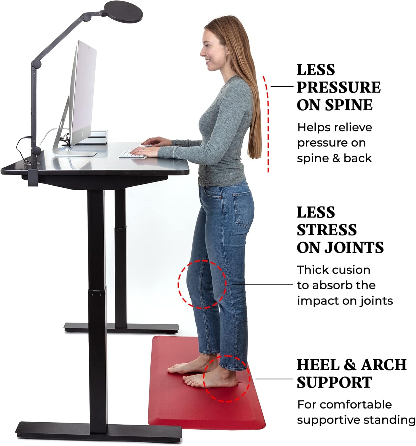 - LESS PRESSURE ON SPINE: Helps relieve pressure on spine & back
- LESS STRESS ON JOINTS: Thick cushion to absorb the impact on joints
- HEEL & ARCH SUPPORT: For comfortable supportive standing