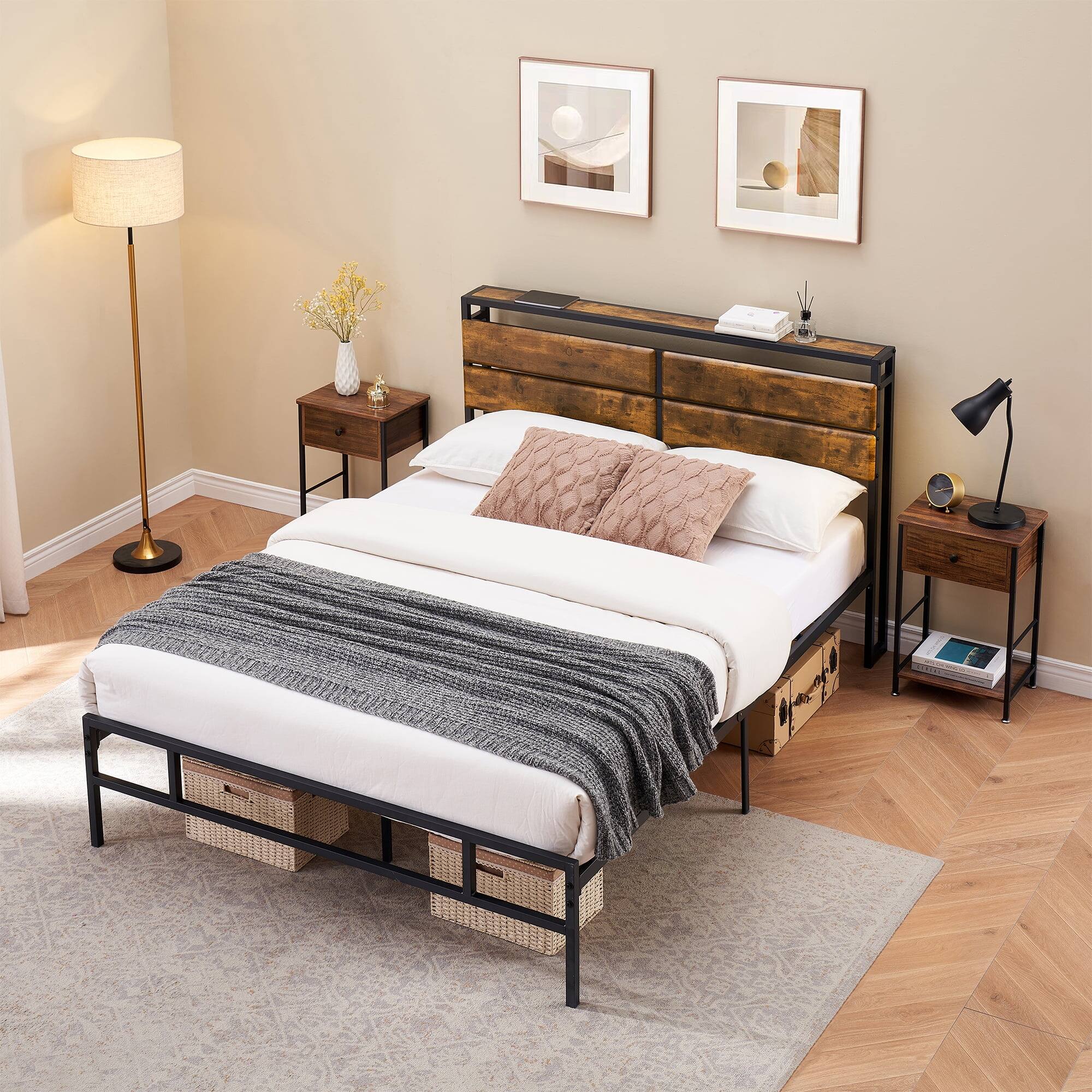 Alt View 2. GARVEE - Full Industrial Wood Metal Bed Vintage Brown Storage Headboard Wooden Shelves No Box Spring - Brown.