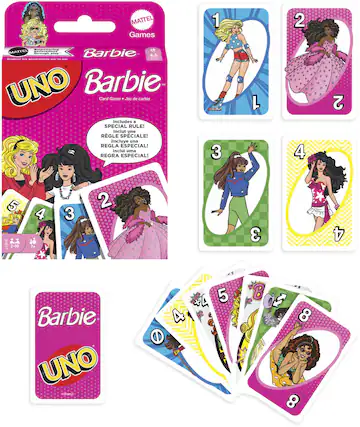 MATTEL Games
Barbie UNO
Card Game - Jeu de cartes
Includes a SPECIAL RULE!
Inclut une RÈGLE SPÉCIALE!
Incluye una REGLA ESPECIAL!
Inclui uma REGRA ESPECIAL!
1 2 3 4 5 6 7 8 9 10
JHB17
2-10 4 7+
Barbie UNO