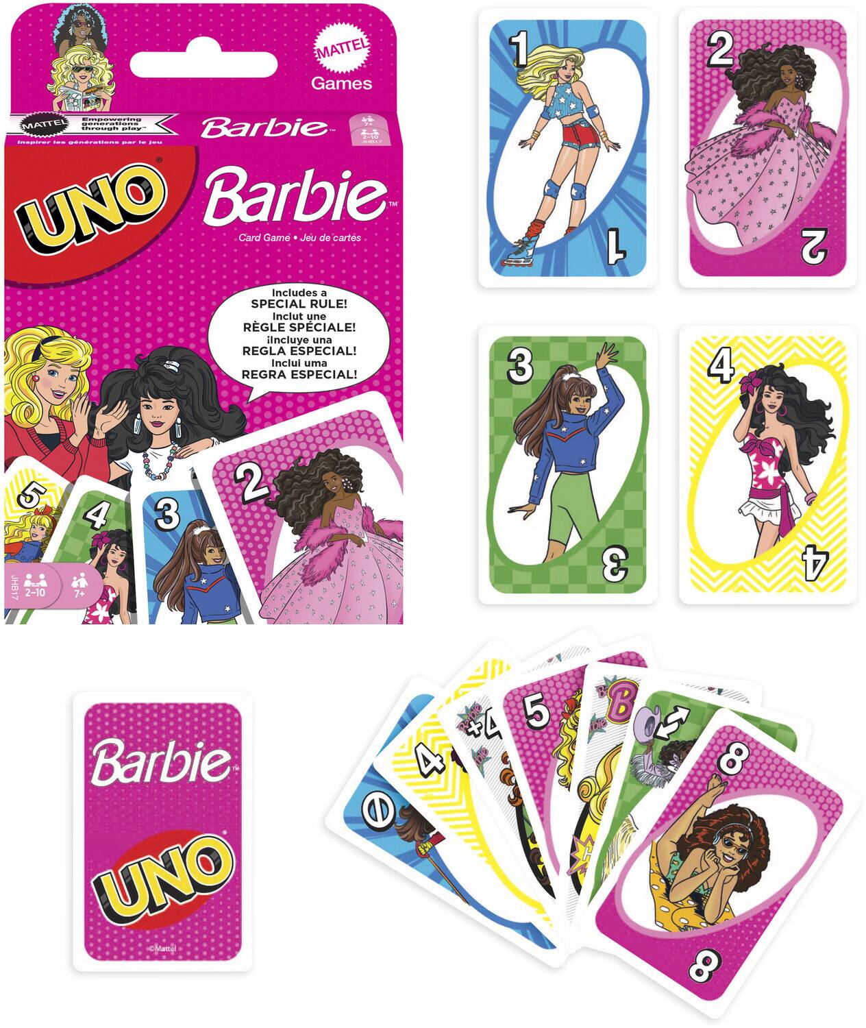 MATTEL Games  
Barbie UNO  
Card Game - Jeu de cartes  

Includes a SPECIAL RULE!  
Inclut une RÈGLE SPÉCIALE!  
Incluye una REGLA ESPECIAL!  
Inclui uma REGRA ESPECIAL!  

1 2 3 4 5 6 7 8 9 10  
JHB17  
2-10 4 7+  

Barbie UNO