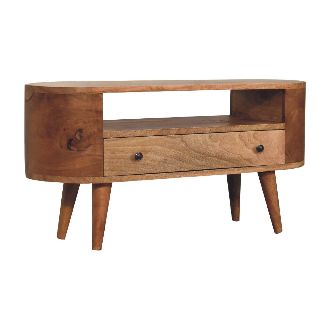 Back. Artisan Furniture - Artisan Furniture Solid Wood Mini Rounded Entertainment Unit, 1 Drawer, 1 Open Slot, Brown - Beige.