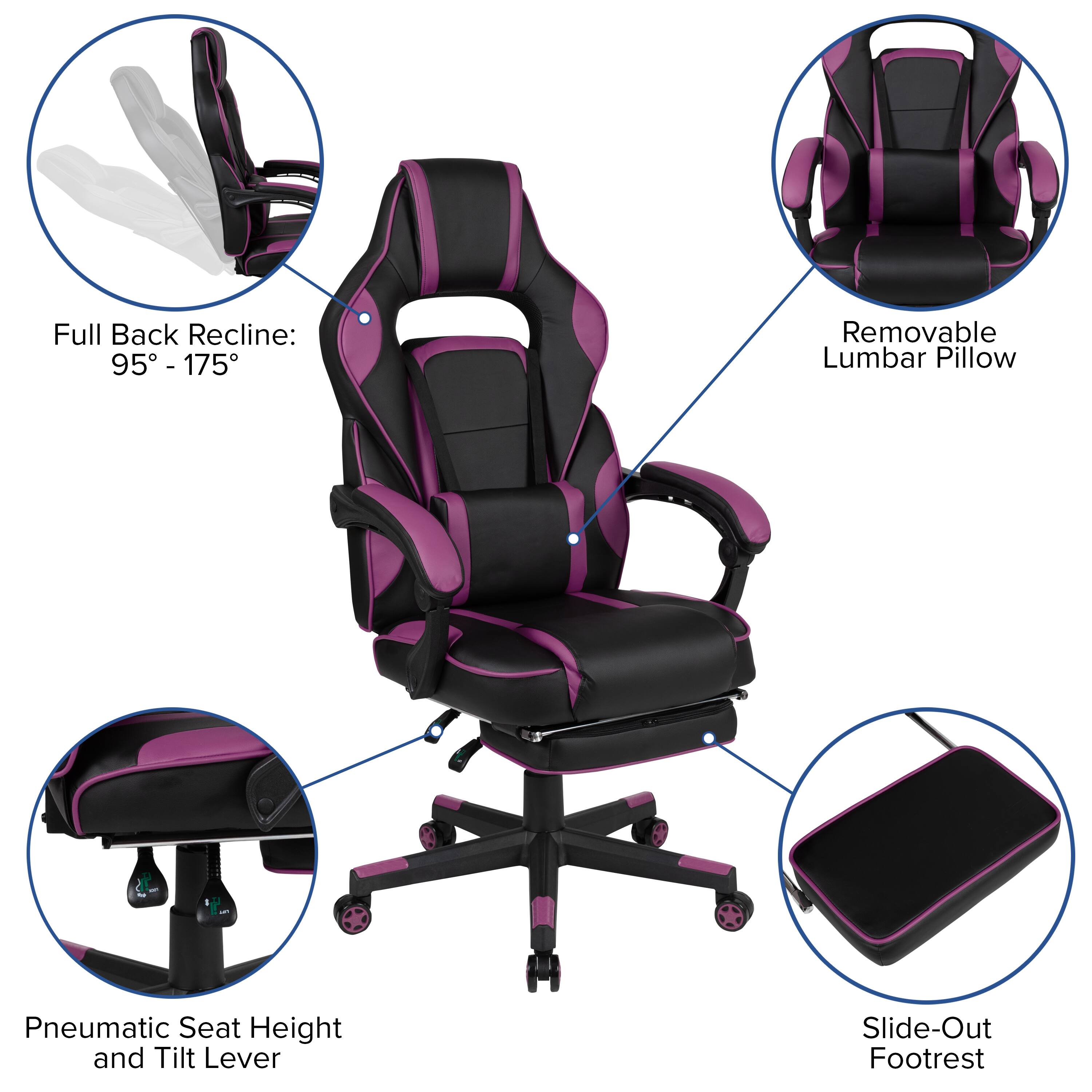 Full Back Recline: 95° - 175°  
Removable Lumbar Pillow  
Pneumatic Seat Height and Tilt Lever  
Slide-Out Footrest
