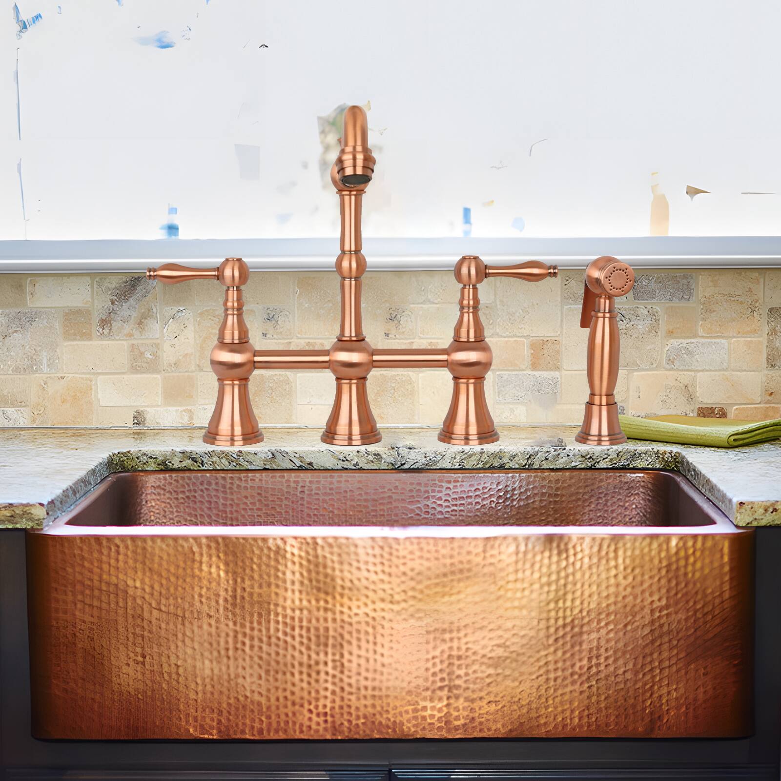 Alt View 7. Akicon - Akicon Solid Brass Bridge Kitchen Faucets with Side Sprayer 2 Lever Handles in Copper - Copper.
