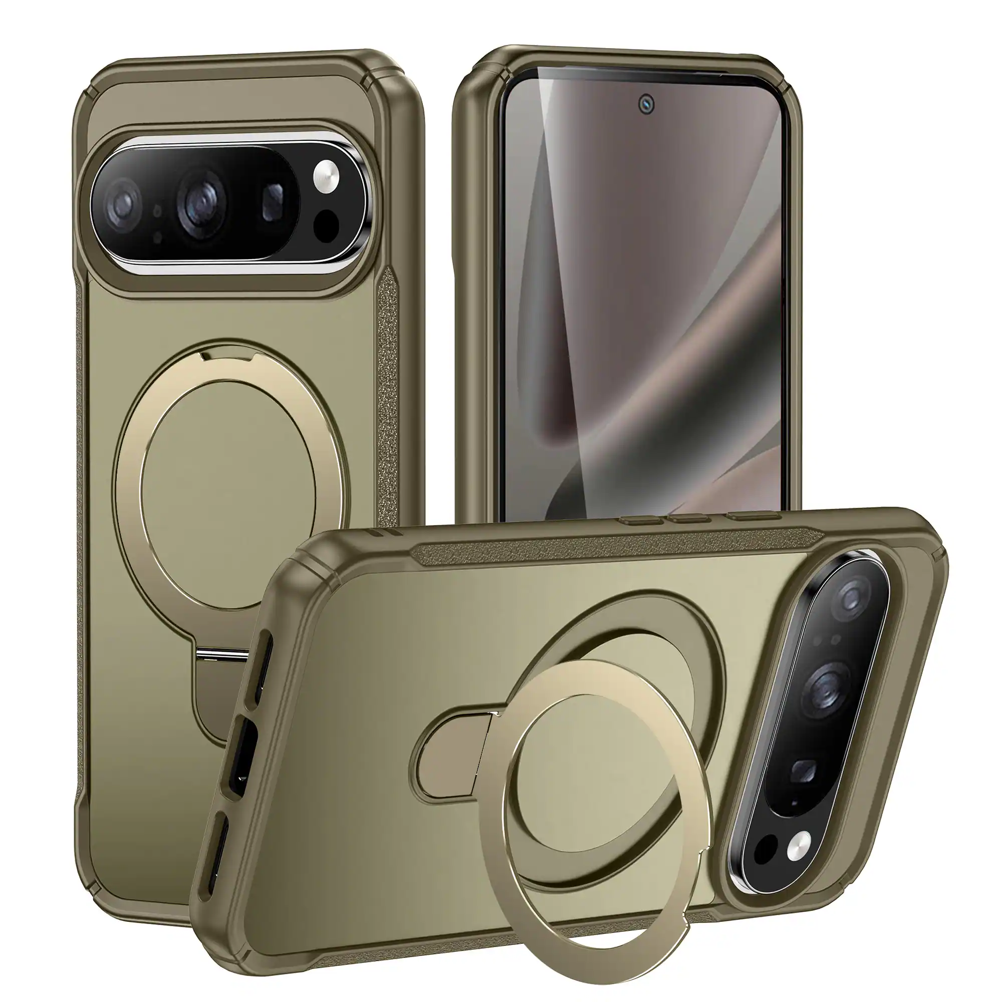 Front. Dteck - Rugged Case For Google Pixel 11 Pro XL Slim Magnetic Shockproof Non-slip Cover With Adjustable Ring Stand - Khaki.