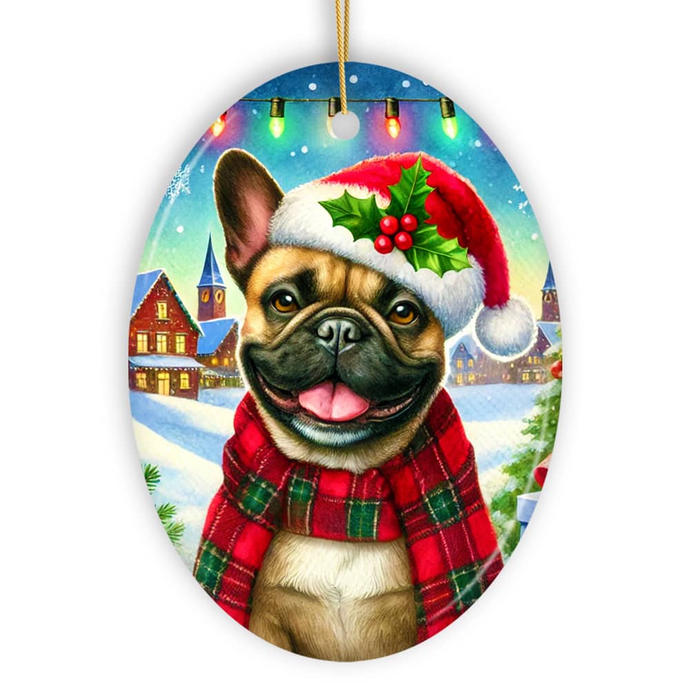 OrnamentallyYou - Frosty French Bulldog Ornament Charming Pup Decoration for Magical Christmas Oval Version - Multi-colored
