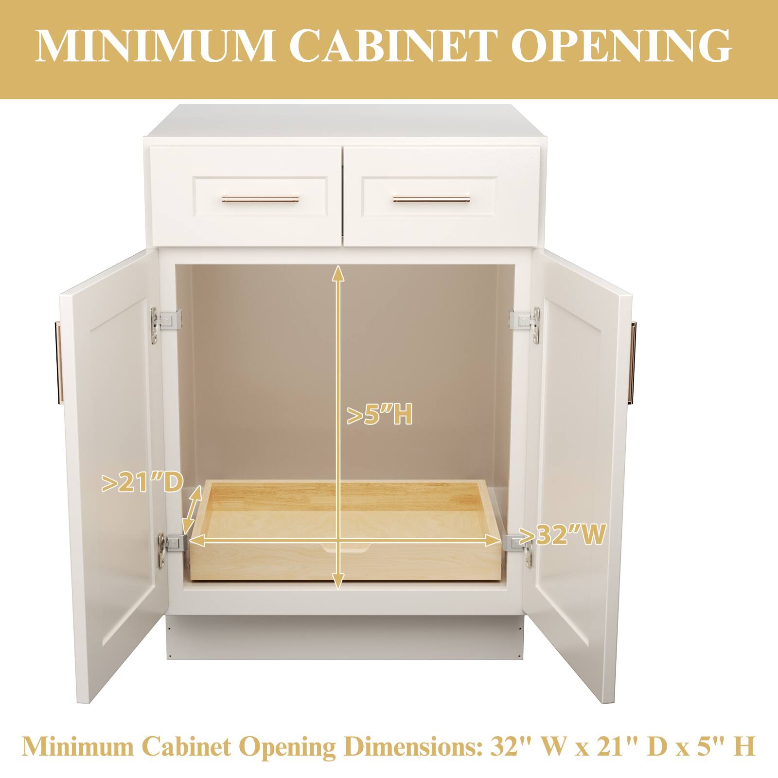 MINIMUM CABINET OPENING

Minimum Cabinet Opening Dimensions: 32" W x 21" D x 5" H

>5"H  
>21"D  
>32"W