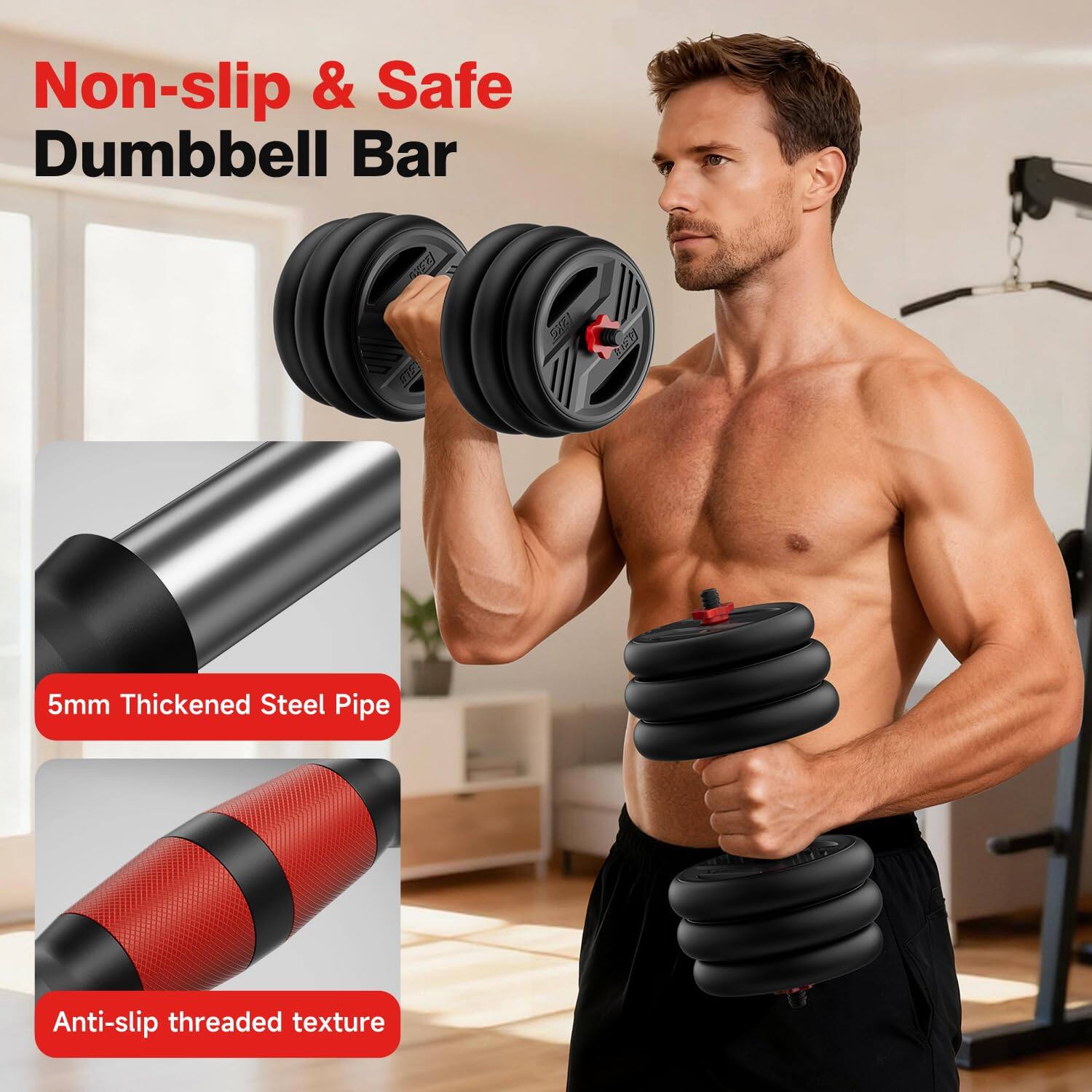 Non-slip & Safe Dumbbell Bar

5mm Thickened Steel Pipe

Anti-slip threaded texture