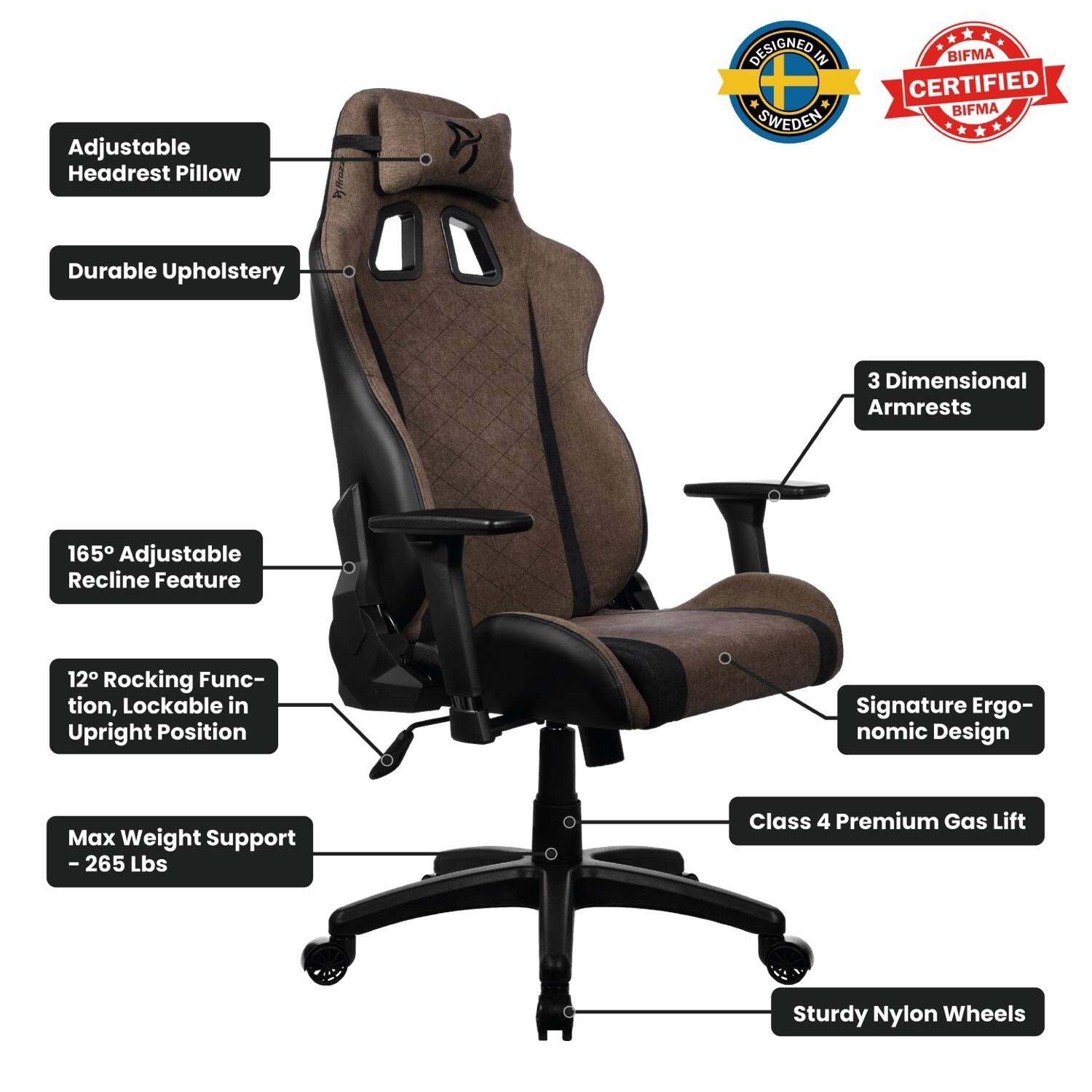 Adjustable Headrest Pillow, Durable Upholstery, 3 Dimensional Armrests, 165° Adjustable Recline Feature, 12° Rocking Function, Lockable in Upright Position, Signature Ergonomic Design, Max Weight Support - 265 Lbs, Class 4 Premium Gas Lift, Sturdy Nylon Wheels, DESIGNED IN + SWEDEN BIFMA CERTIFIED BIFMA