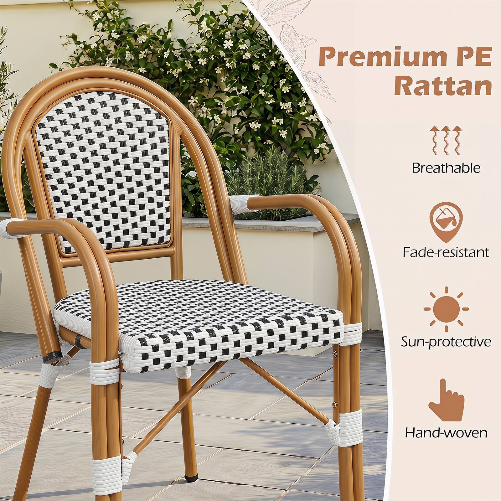Premium PE Rattan

- Breathable
- Fade-resistant
- Sun-protective
- Hand-woven