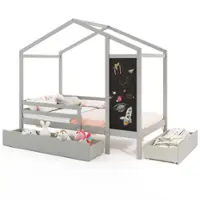Costway Twin House Bed with 2 Storage Drawers Solid Wood Platform Bed with Blackboard - Gray - Front_Zoom