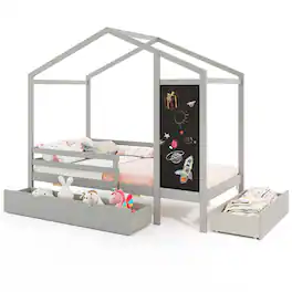Costway - Twin House Bed with 2 Storage Drawers Solid Wood Platform Bed with Blackboard - Gray