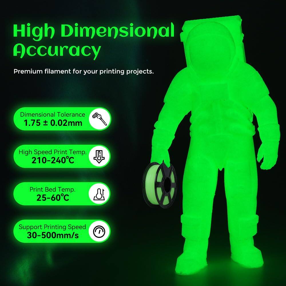 High Dimensional Accuracy  
Premium filament for your printing projects.  

Dimensional Tolerance: 1.75 ± 0.02mm  
High Speed Print Temp.: 210-240°C  
Print Bed Temp.: 25-60°C  
Support Printing Speed: 30-500mm/s