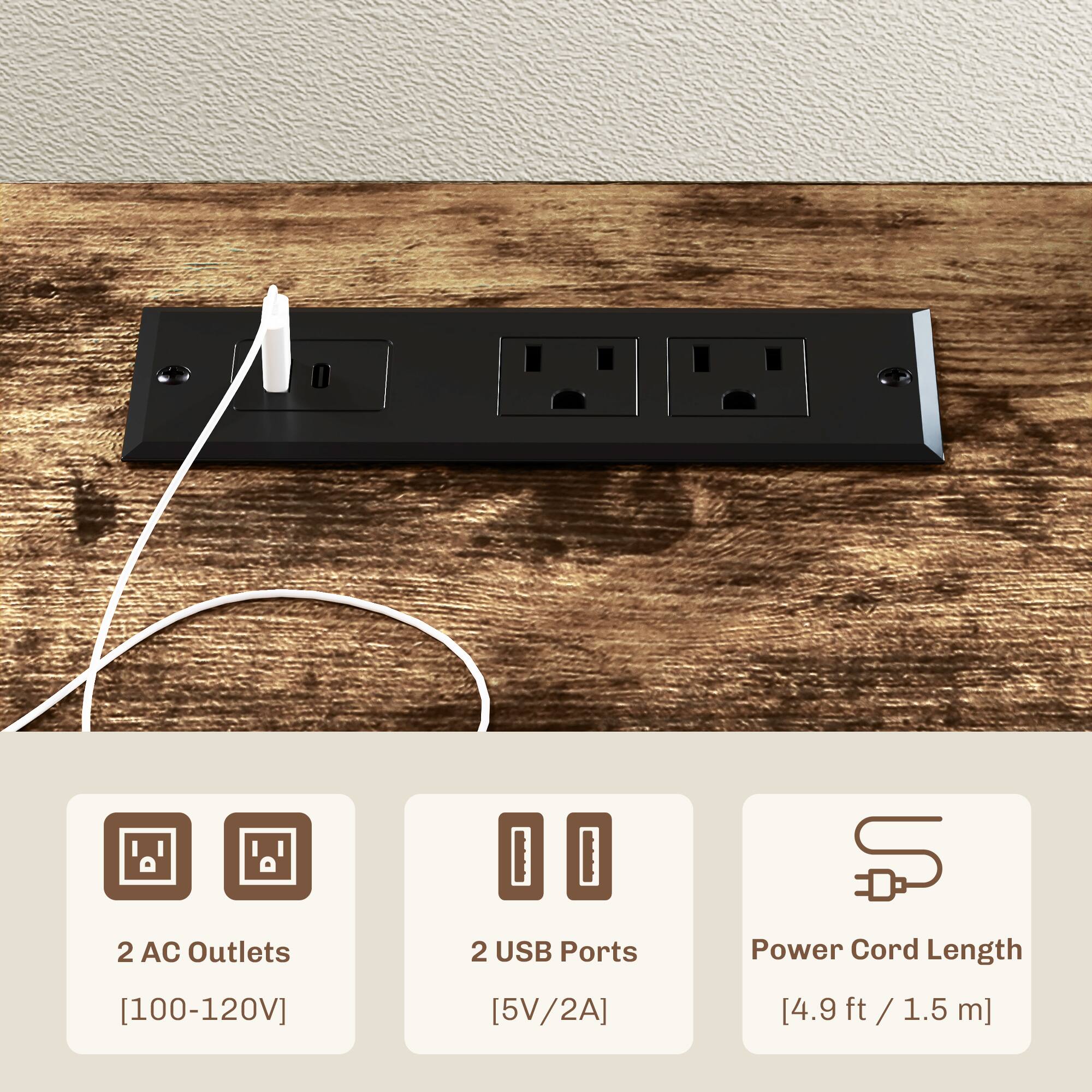 2 AC Outlets [100-120V], 2 USB Ports [5V/2A], Power Cord Length [4.9 ft / 1.5 m]
