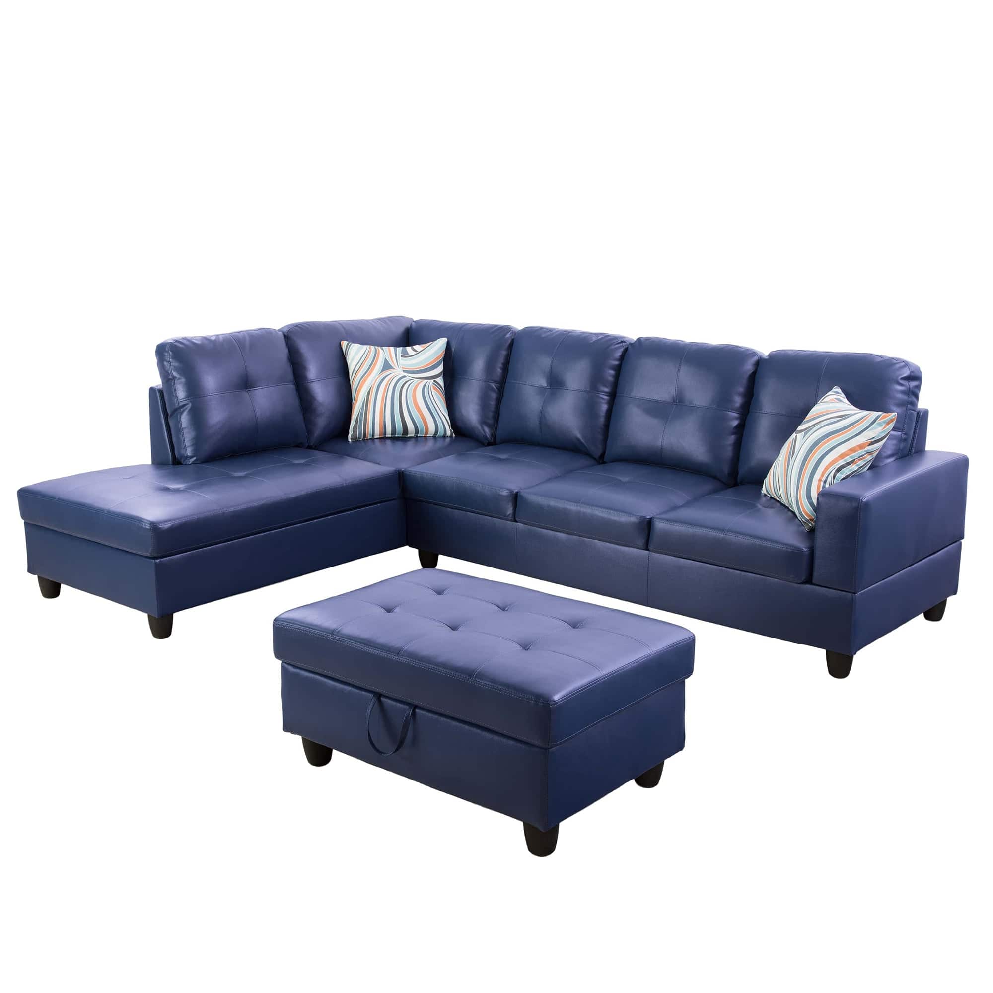 Boyel Living - Premium Semi PU Upholstered Sofa Solid Wood Frame Double Spring with Left Chaise Lounge - Royal Blue