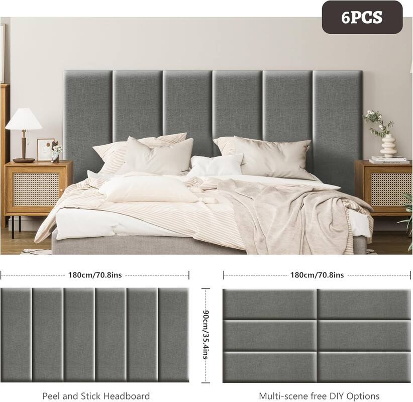 6PCS, 180cm/70.8ins, Peel and Stick Headboard, 180cm/70.8ins, Multi-scene free DIY Options
