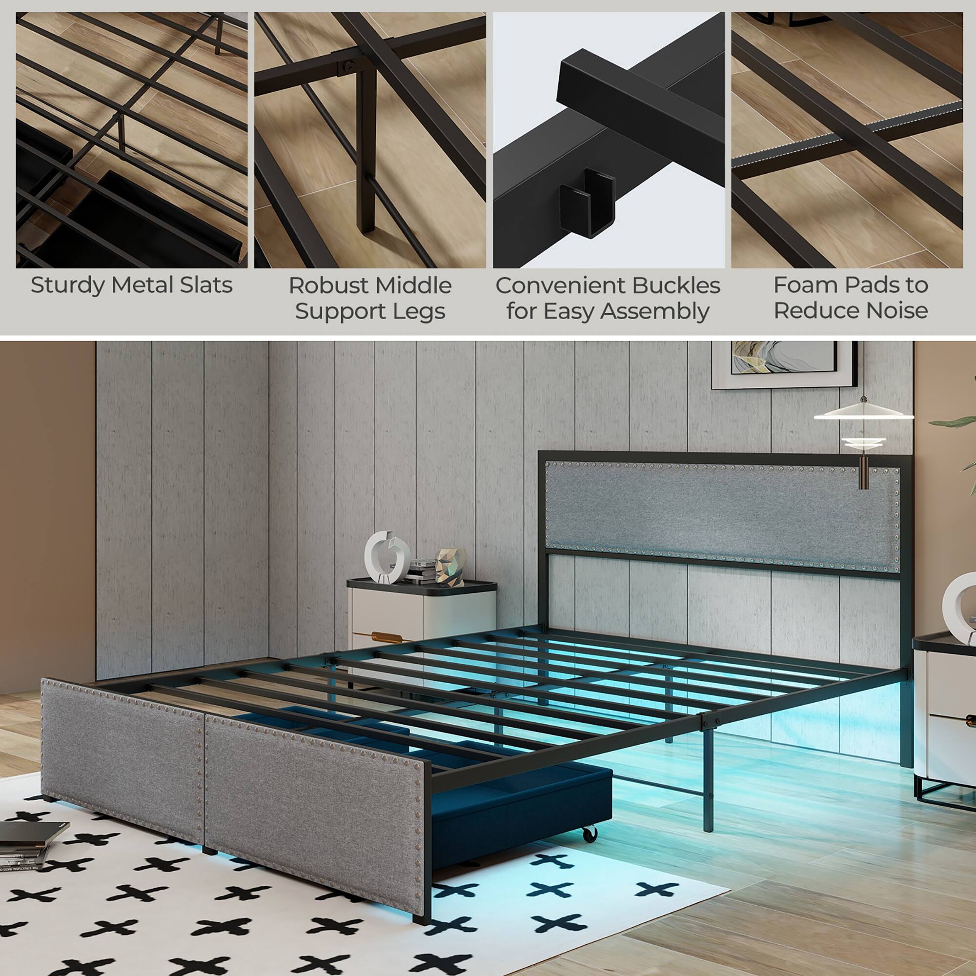 - Sturdy Metal Slats
- Robust Middle Support Legs
- Convenient Buckles for Easy Assembly
- Foam Pads to Reduce Noise