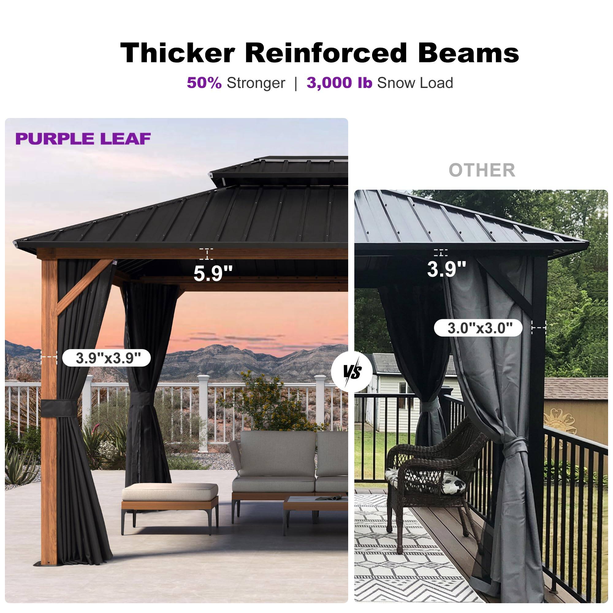 Thicker Reinforced Beams  
50% Stronger | 3,000 lb Snow Load  

PURPLE LEAF  
5.9"  
3.9"x3.9"  

OTHER  
3.9"  
3.0"x3.0"  

vs